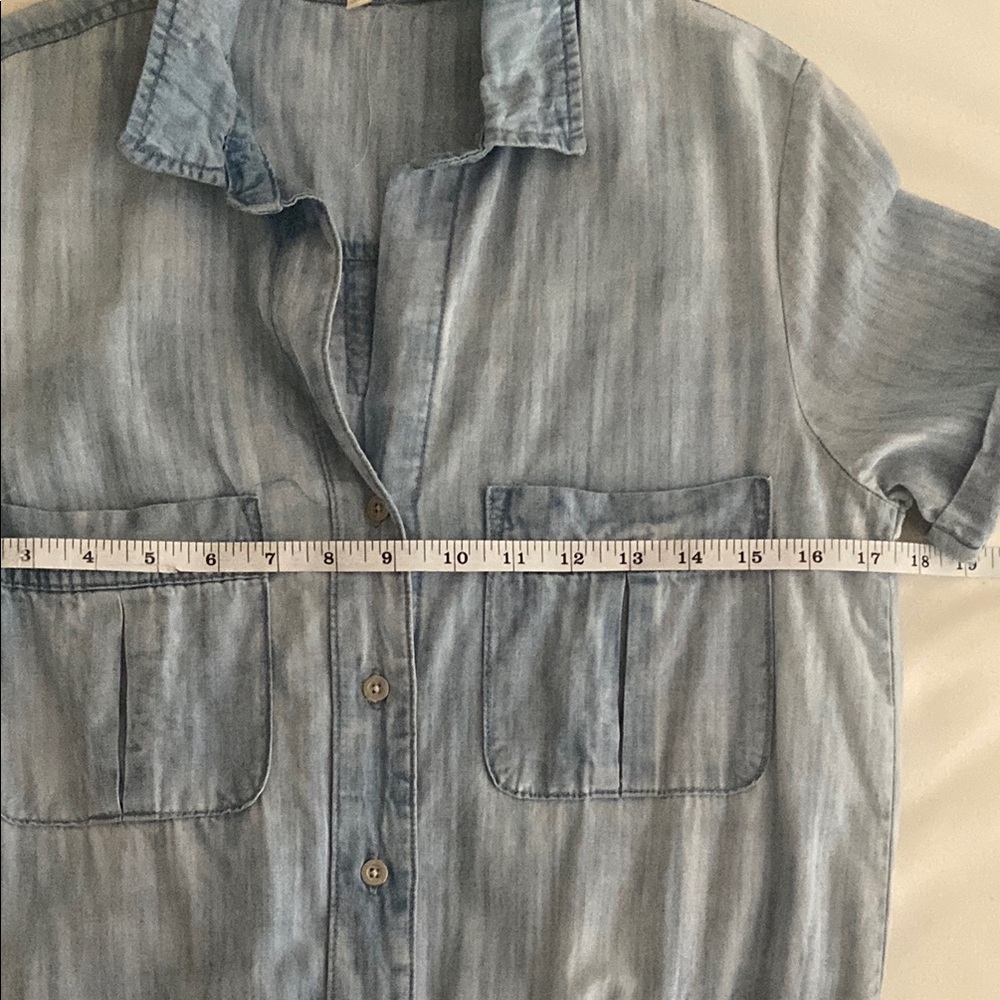 Side Stitch Denim Button Front Chambray Romper, Pockets, Tie Waist, Size Small - Picture 11 of 15